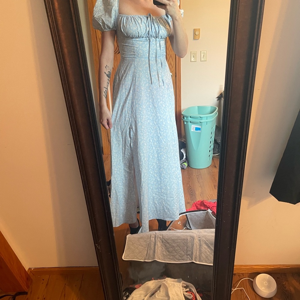 Blue Casual Maxi Sundress with Puff Sleeves
